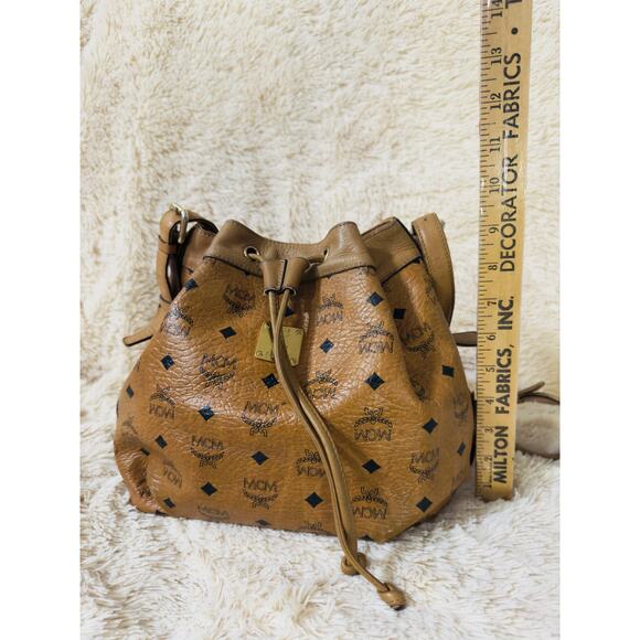 MCM Leather Drawstring Bucket Bag - Visetos Cognac - Picture 8 of 14